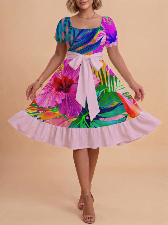 Damen Sommerkleid mit floralem Puffärmel und taillierbarem Gürtel EB