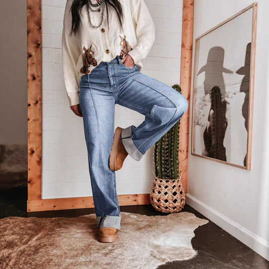 Damen weite High-Waist Jeans mit einzigartigen Kontrastnähten und lässigem Look EB
