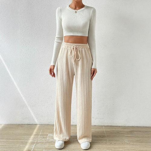 Damen entspannendes Strick-Loungewear-Set mit hoher Taille und weitem Bein EB