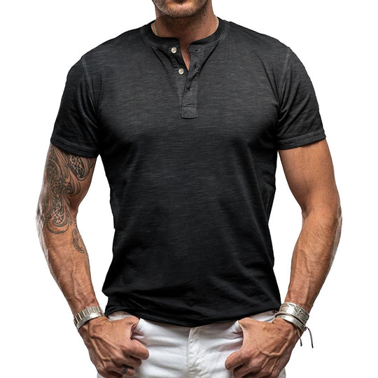 Herren nan athletisches Henley-T-Shirt aus strukturierter Slub-Baumwolle mit kurzer Knopfleiste EB