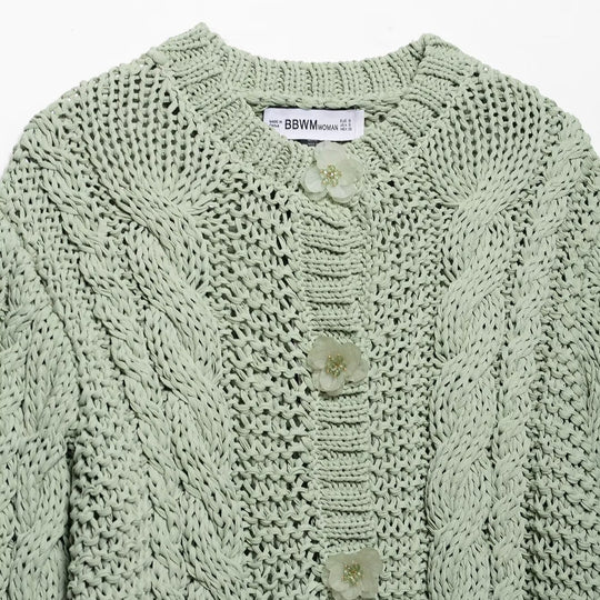 Damen Strickjacke mit Zopfmuster und Knopfdetails EB