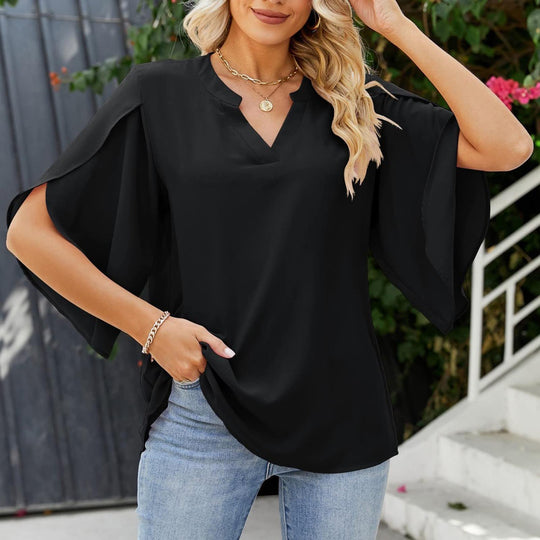 Damen Blusenshirt mit weiten Ärmeln und V-Ausschnitt EB