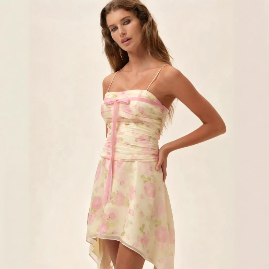 Damen Flower-Print Mini-Kleid mit asymmetrischem Saum und eleganter Raffung EB