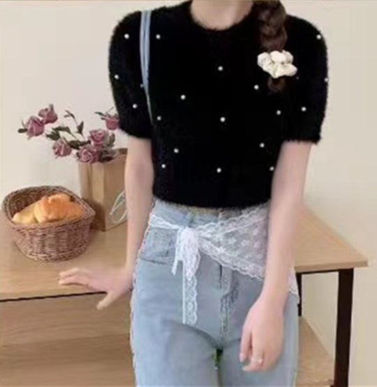 Damen cropped Pullover mit zarten Perlen EB