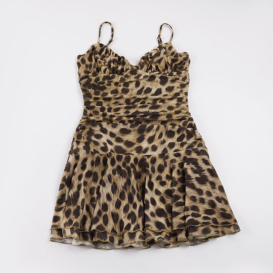 Damen Tiermuster Kleid mit Rüschen und Spaghettiträgern EB