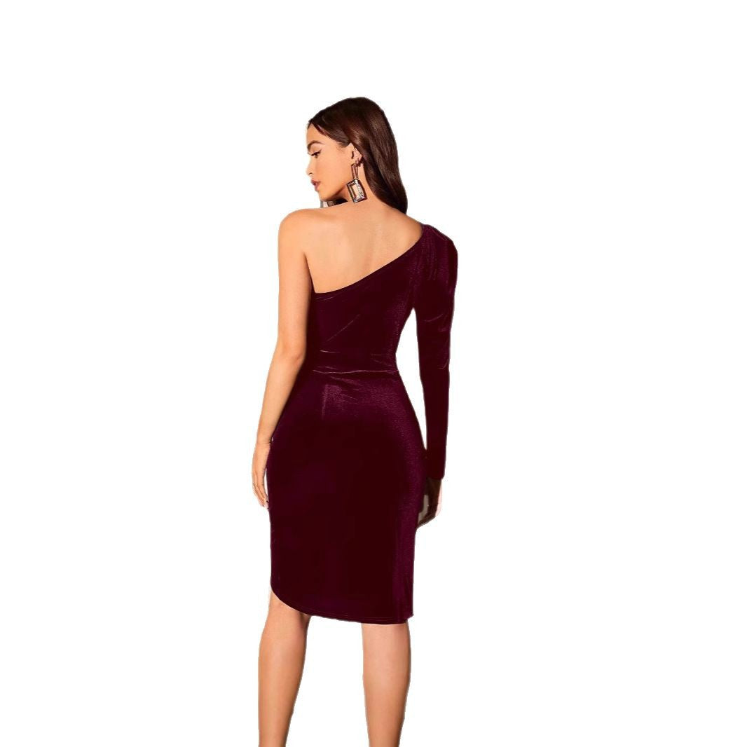 Damen elegantes Samt-Minikleid mit asymmetrischem Schnitt und Drapierung EB
