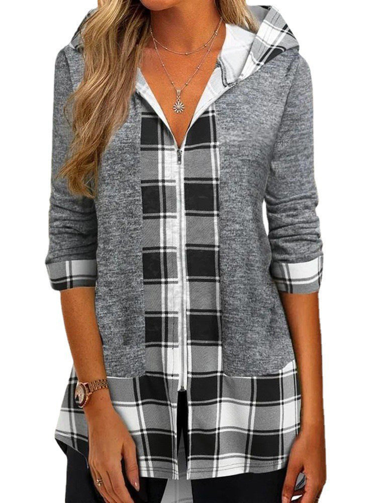 Damen Kapuzen-Strickjacke mit Reißverschluss und Karomix-Einsatz EB