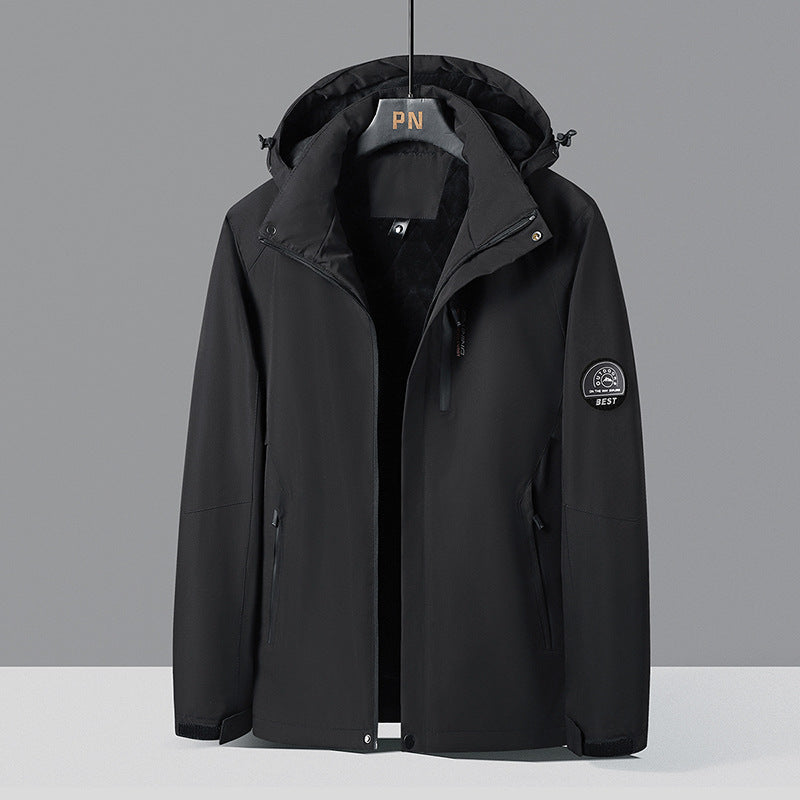 Herren zweifarbige Softshell-Outdoorjacke mit winddichter Membran, verstellbarer Kapuze und verdeckter Brusttasche EB