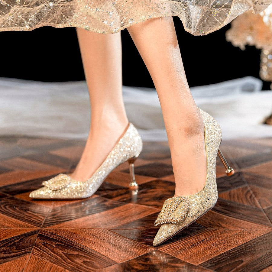 Damen Glamouröse High Heels mit funkelndem Strassdetail und raffinierter Schleifenverzierung EB
