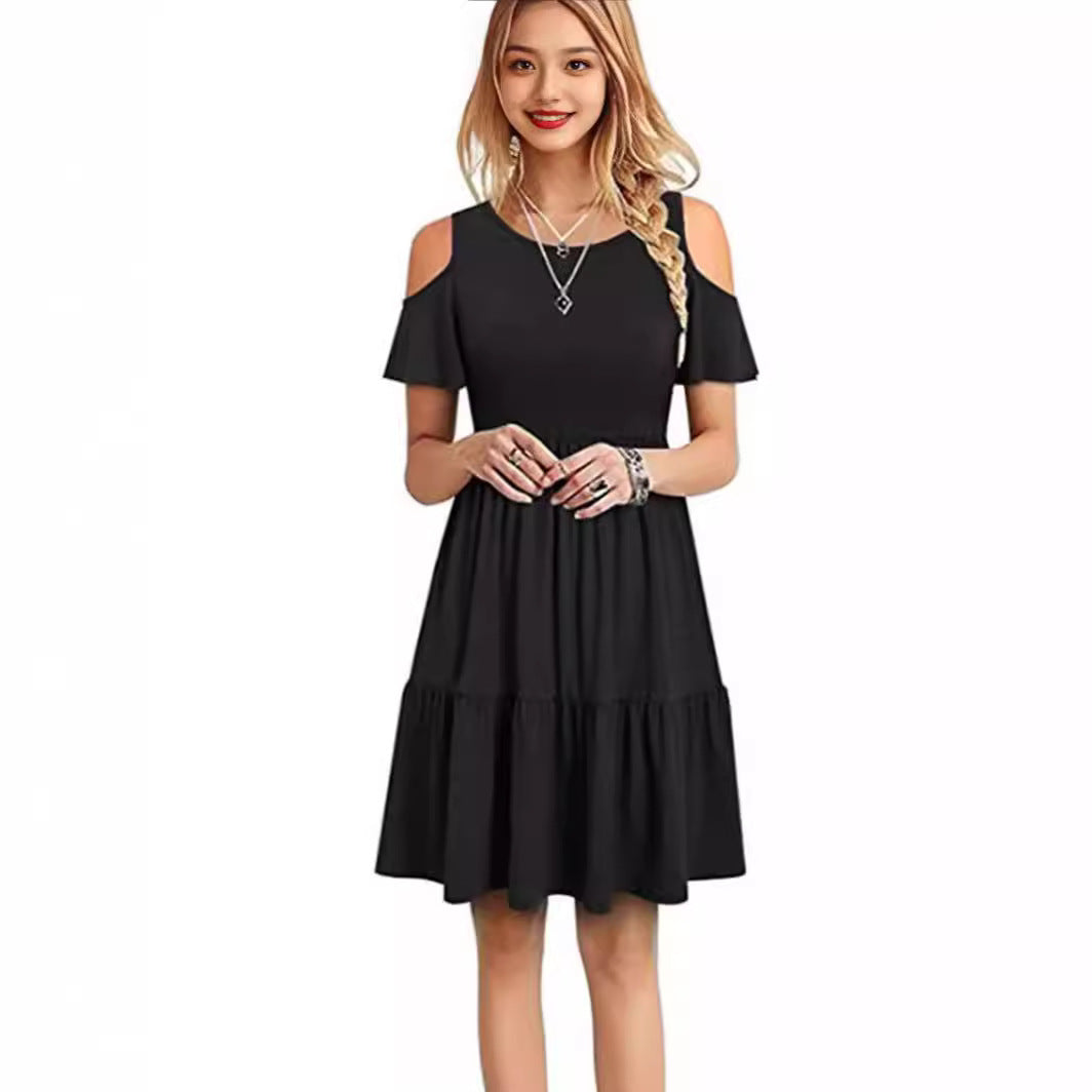 Damen lässiges Kleid mit kaltem Schulterdesign und voluminösem Rock EB