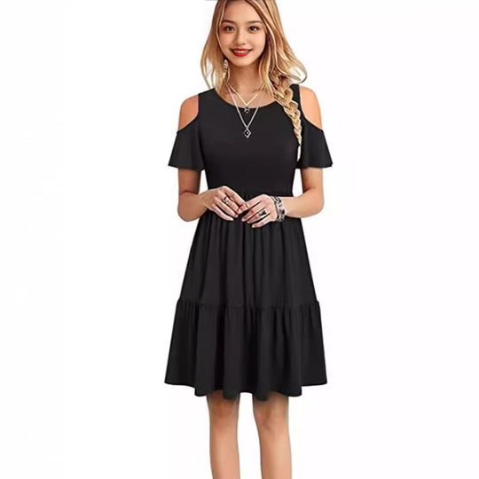 Damen lässiges Kleid mit kaltem Schulterdesign und voluminösem Rock EB