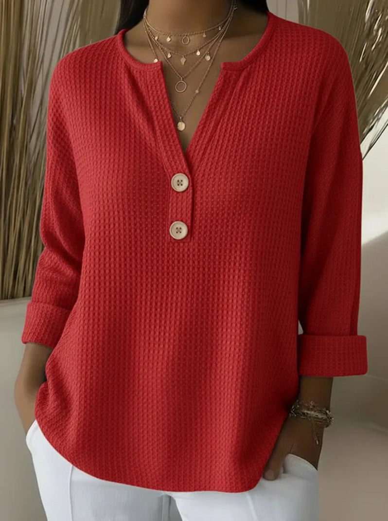 Damen nan Waffelstruktur Henley-Shirt mit V-Ausschnitt kurze Knopfleiste und krempelbaren 3/4-Ärmeln EB