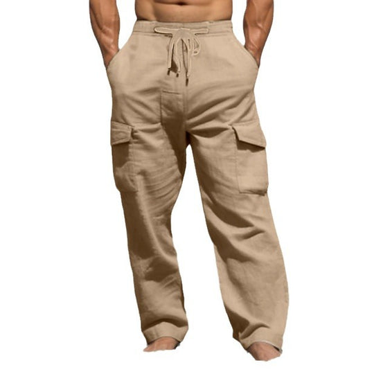 Herren nan weite Freizeit-Cargohose aus Leinenmix mit Tunnelzugbund, aufgesetzten Klappentaschen und entspanntem Strandfit EB