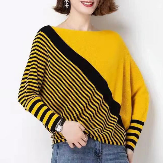 Damen modischer Strickpullover mit asymmetrischem Schnitt und grafischem Streifenmuster EB