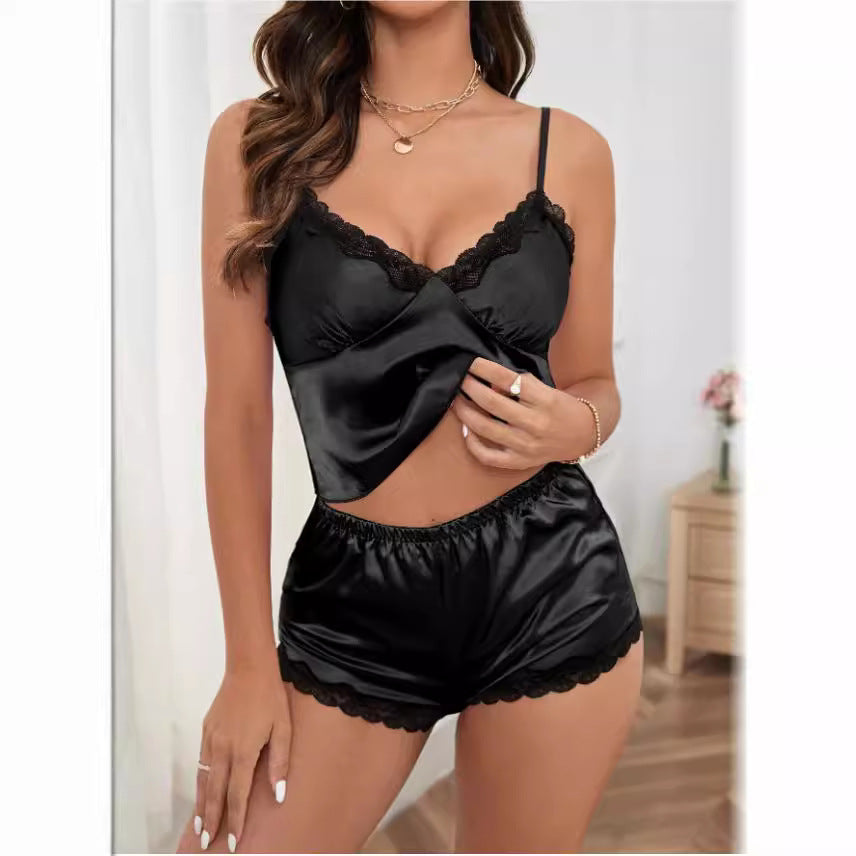 Damen Satin Schlafanzug-Set mit Spitze EB
