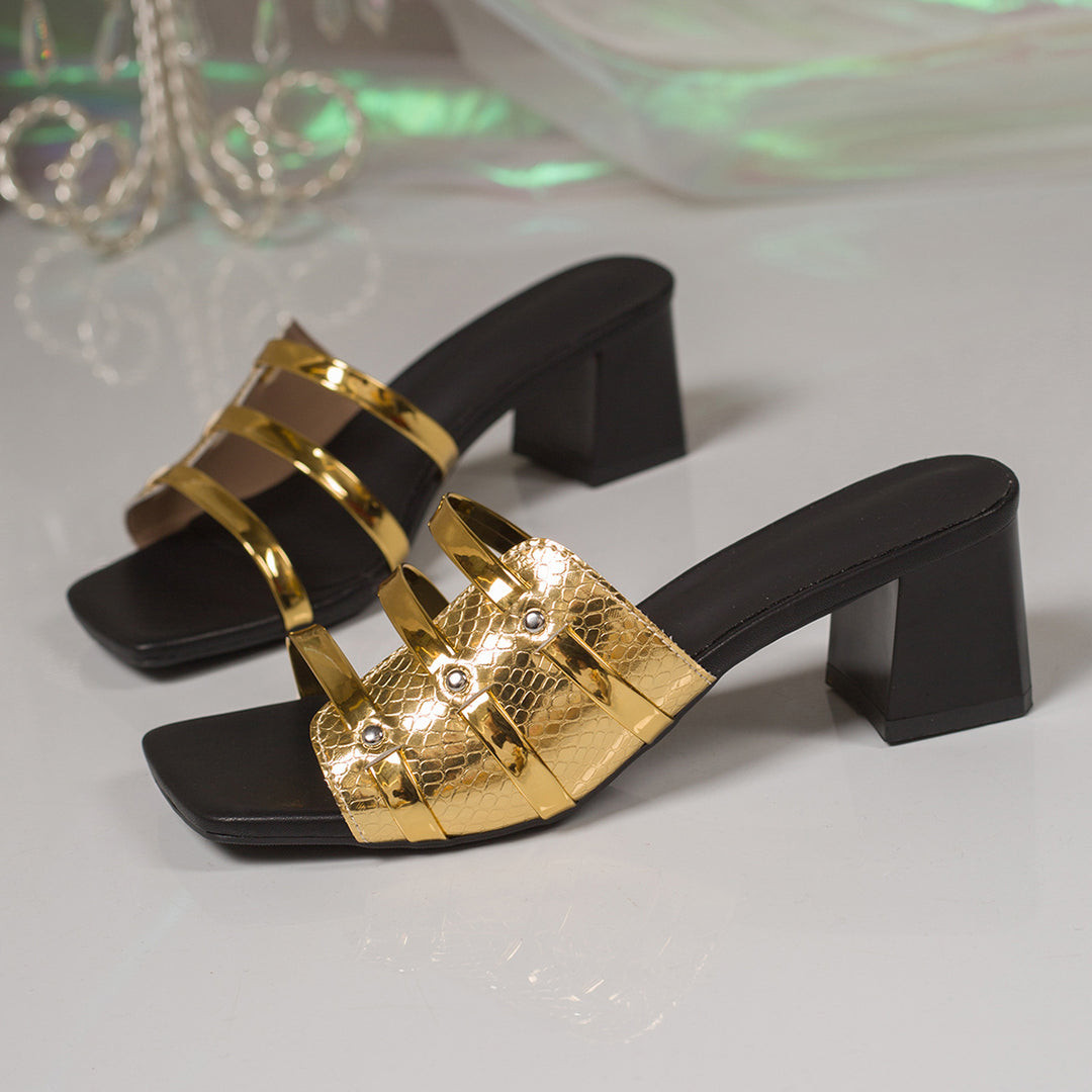 Damen Glamouröse Pantoletten mit glänzenden Metallic-Akzenten und komfortablem Absatz EB