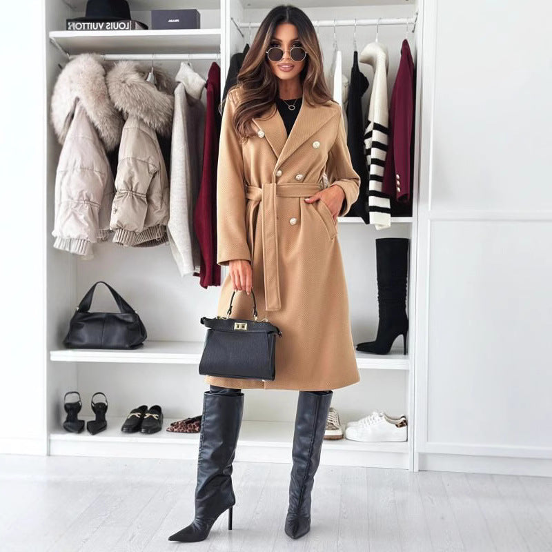 Damen Doppelt genähter Trenchcoat mit taillierbarem Gürtel und eleganter Struktur EB