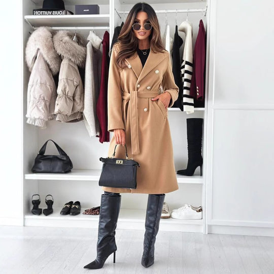 Damen Doppelt genähter Trenchcoat mit taillierbarem Gürtel und eleganter Struktur EB
