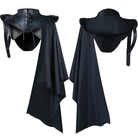 Unisex nan Schulterplattencape mit geschnürtem Kragen, Kunstfellbesatz, verstellbaren Lederriemen und asymmetrischer Schleppe Eb