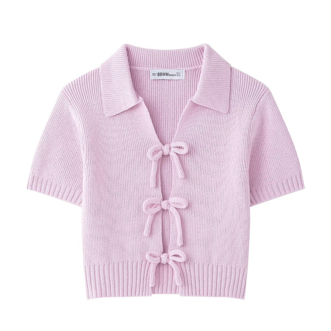Damen modische Strickjacke mit kurzen Ärmeln und Schleifenverschluss EB