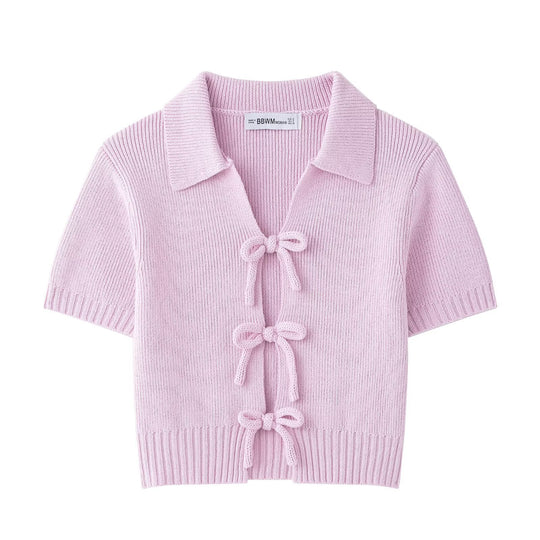 Damen modische Strickjacke mit kurzen Ärmeln und Schleifenverschluss EB
