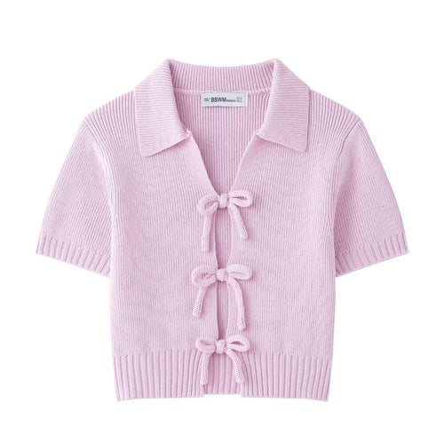 Damen modische Strickjacke mit kurzen Ärmeln und Schleifenverschluss EB
