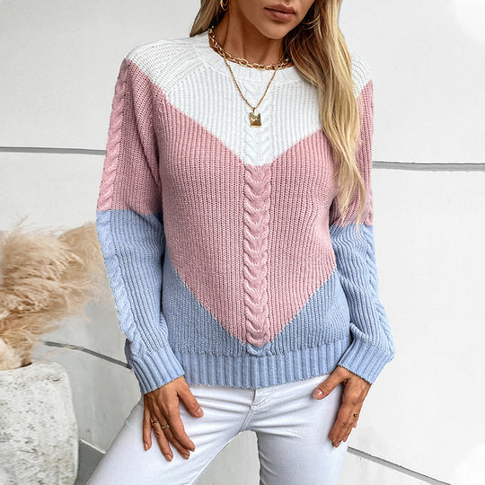 Damen modischer Strickpullover mit geometrischem Muster und Zopfrippen EB