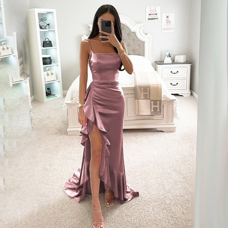 Damen elegantes Maxikleid mit asymmetrischem Rüschensaum und taillierter Silhouette EB