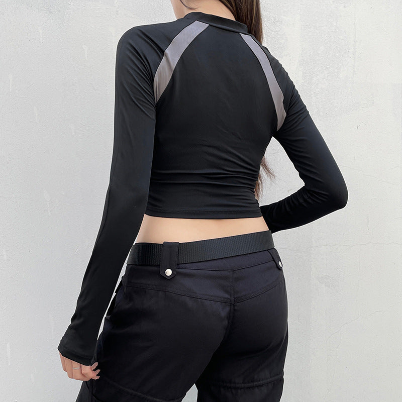 Damen Sportliches Kurzarm-Top mit Reißverschluss und kontrastierenden Nähte EB