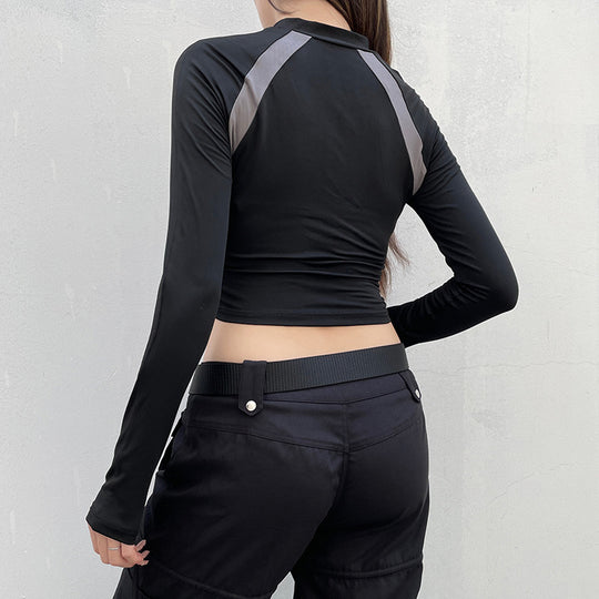 Damen Sportliches Kurzarm-Top mit Reißverschluss und kontrastierenden Nähte EB
