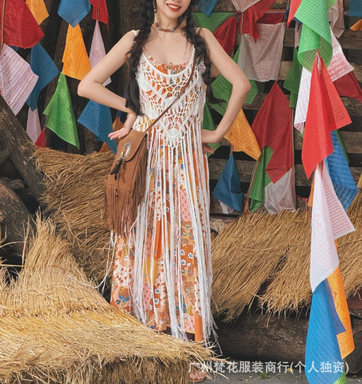 Damen Boho Chic Maxi-Kleid mit Fransen und gehäkeltem Oberteil EB
