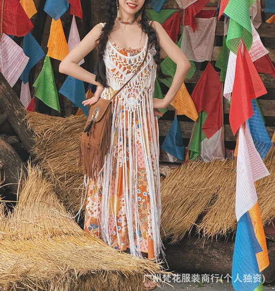 Damen Boho Chic Maxi-Kleid mit Fransen und gehäkeltem Oberteil EB