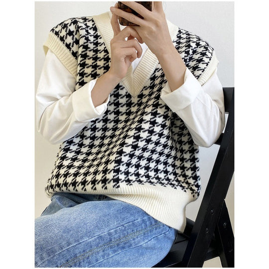 Damen modische Strickweste mit graphischem Hahnentrittmuster EB