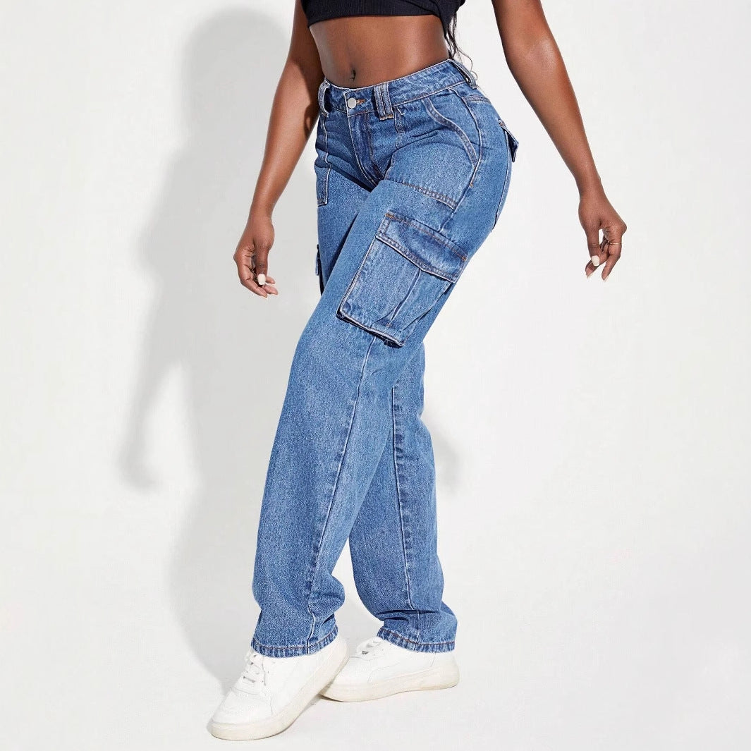 Damen Vintage Cargo Jeans mit elastischem Bund und seitlichen Taschen EB