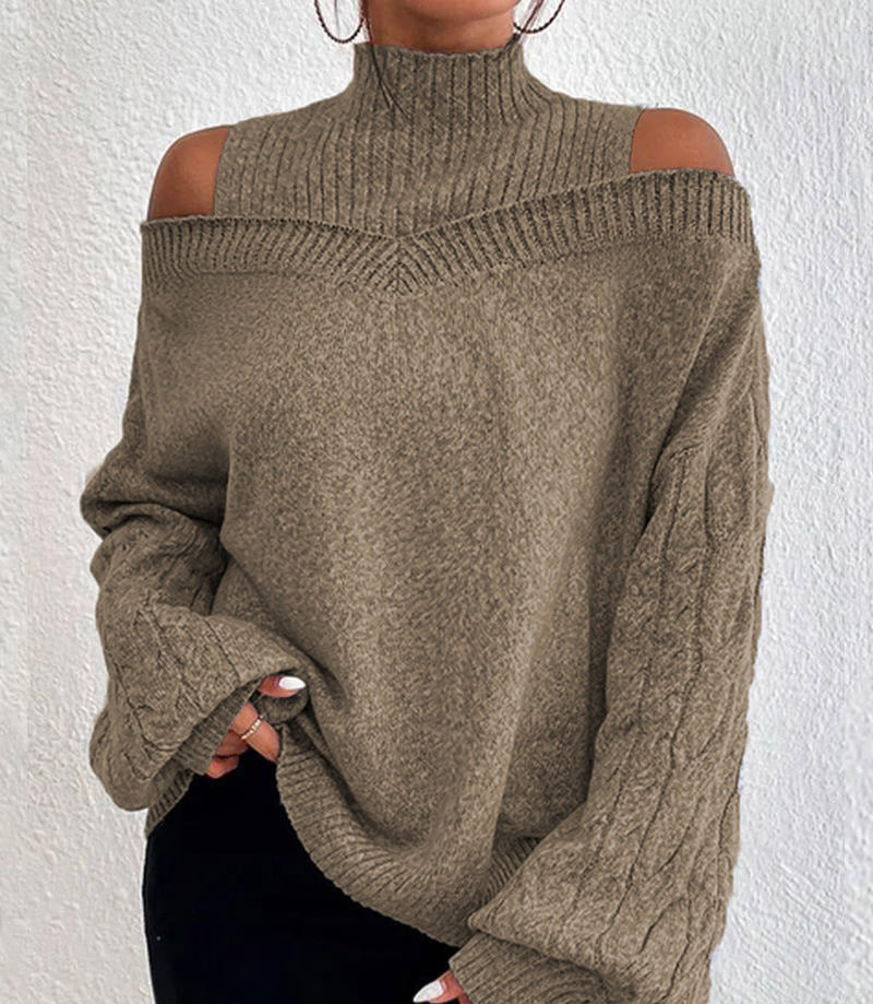 Damen nan schulterfreier Strickpullover mit Stehkragen und Zopfmusterärmeln EB