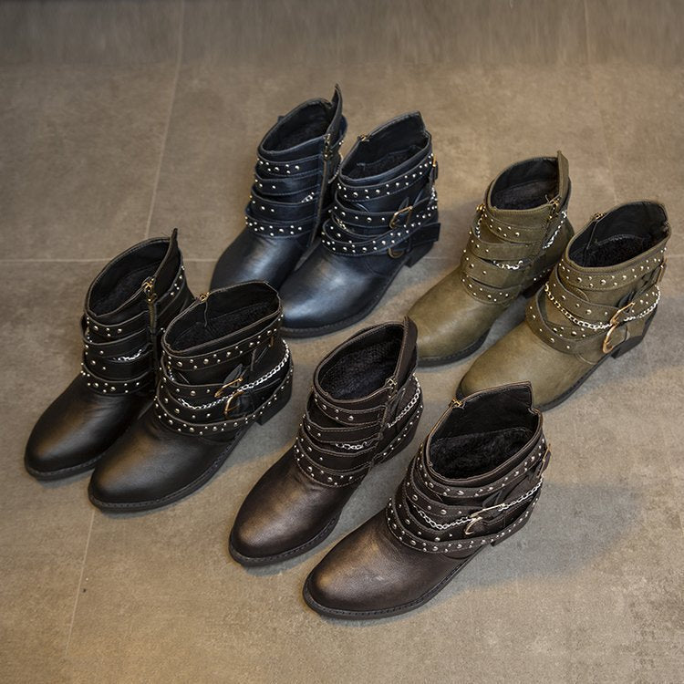 Damen modische Ankle Boots mit dekorativen Schnallen und stabiler Profilsohle EB