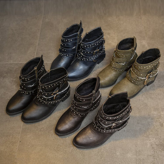 Damen modische Ankle Boots mit dekorativen Schnallen und stabiler Profilsohle EB