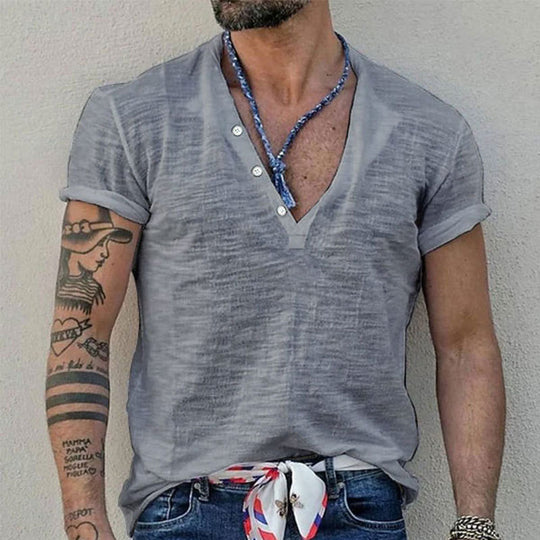 Herren Kurzarm Henley-Shirt mit dekorativen Knöpfen und atmungsaktiver Struktur EB