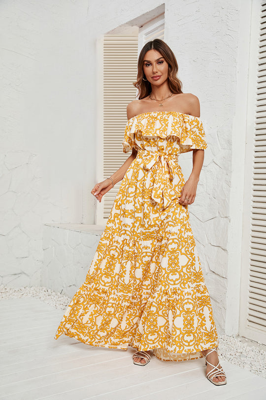 Damen Maxikleid mit schulterfreiem Design, frischem Blätterdruck und elastischer Taillierung EB
