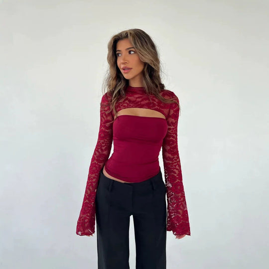 Damen Oberteil mit transparenten langen Ärmeln und raffiniertem Cut-Out EB