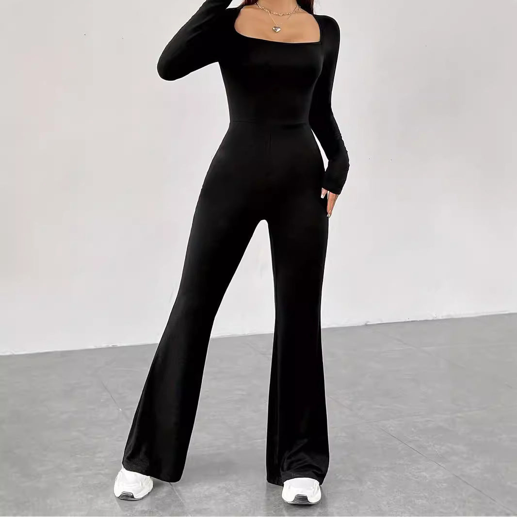 Damen Langarm Jumpsuit mit elegantem Quadrat-Ausschnitt und weitem Bein EB