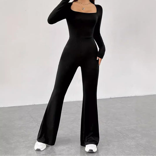 Damen Langarm Jumpsuit mit elegantem Quadrat-Ausschnitt und weitem Bein EB