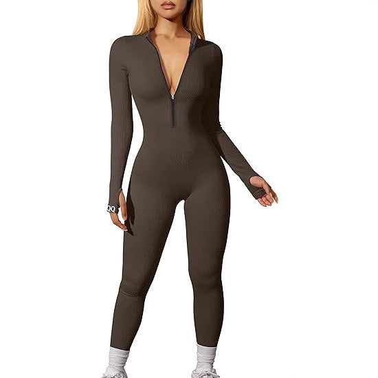 Damen nan figurbetonter Ripp-Jumpsuit mit hohem Halsausschnitt, langem Arm und sculptender Nahtführung EB