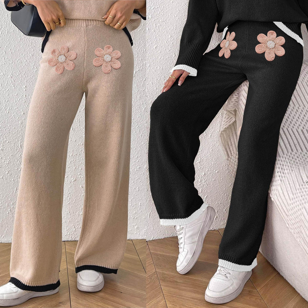 Damen bequeme Strickhose mit floralem Applikationsdesign EB