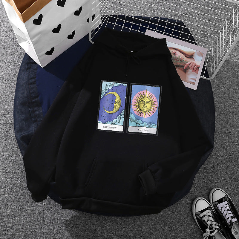 Damen nan leichter Oversize Kapuzenpullover mit Herz‑EKG‑Motiv, langen Kordeln und elastischem Bund EB