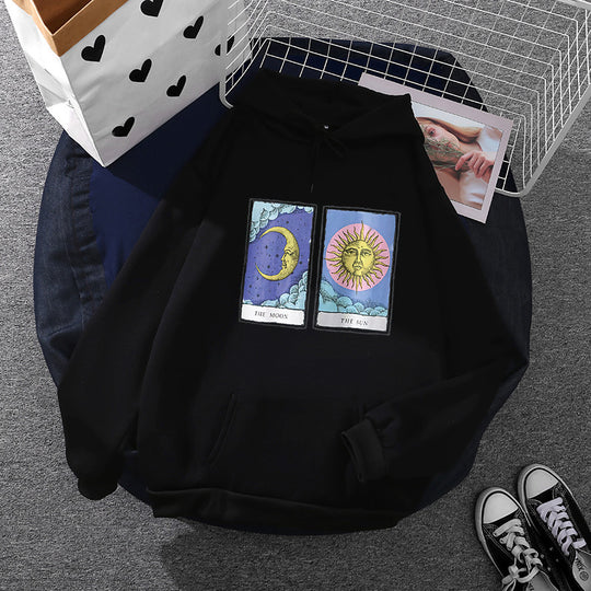 Damen nan leichter Oversize Kapuzenpullover mit Herz‑EKG‑Motiv, langen Kordeln und elastischem Bund EB