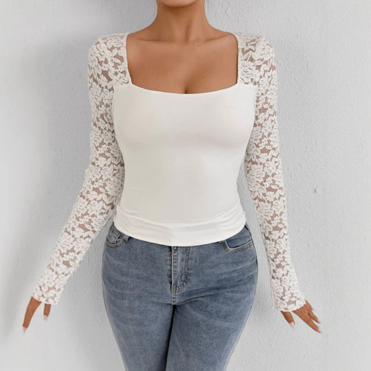 Damen Elegantes Oberteil mit Spitzenärmeln EB