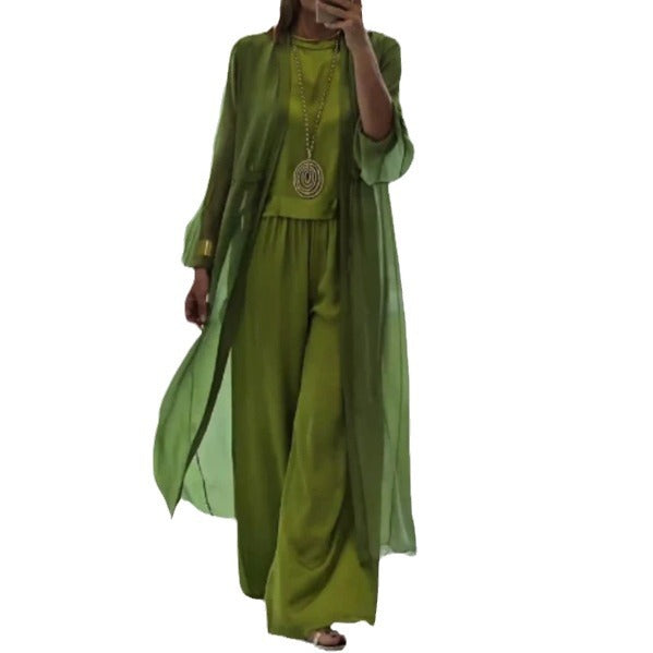 Damen nan eleganter Chiffon-Zweiteiler mit weiter geschnittener Palazzohose und langem Kimono-Überwurf EB