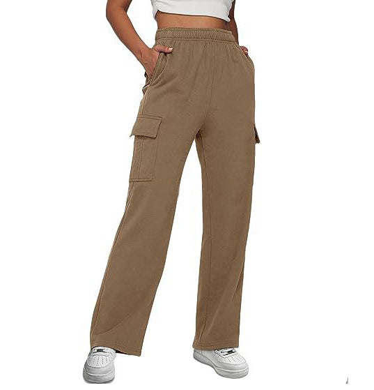 Damen nan lässige Cargo-Freizeithose mit weitem Bein elastischem Bund und aufgesetzten Taschen EB