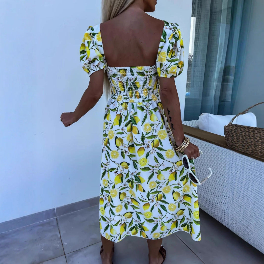 Damen Maxi Kleid mit Fruchtmotiv und Cut-Out-Details EB
